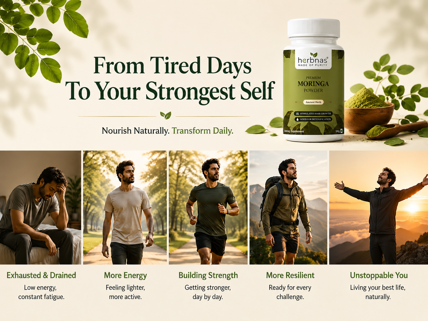A promotional banner for Hibrnas Moringa Powder supplement. The top half features a bottle of the green powder next to a bowl of green leaves and the text 'From Tired Days To Your Strongest Self'.
