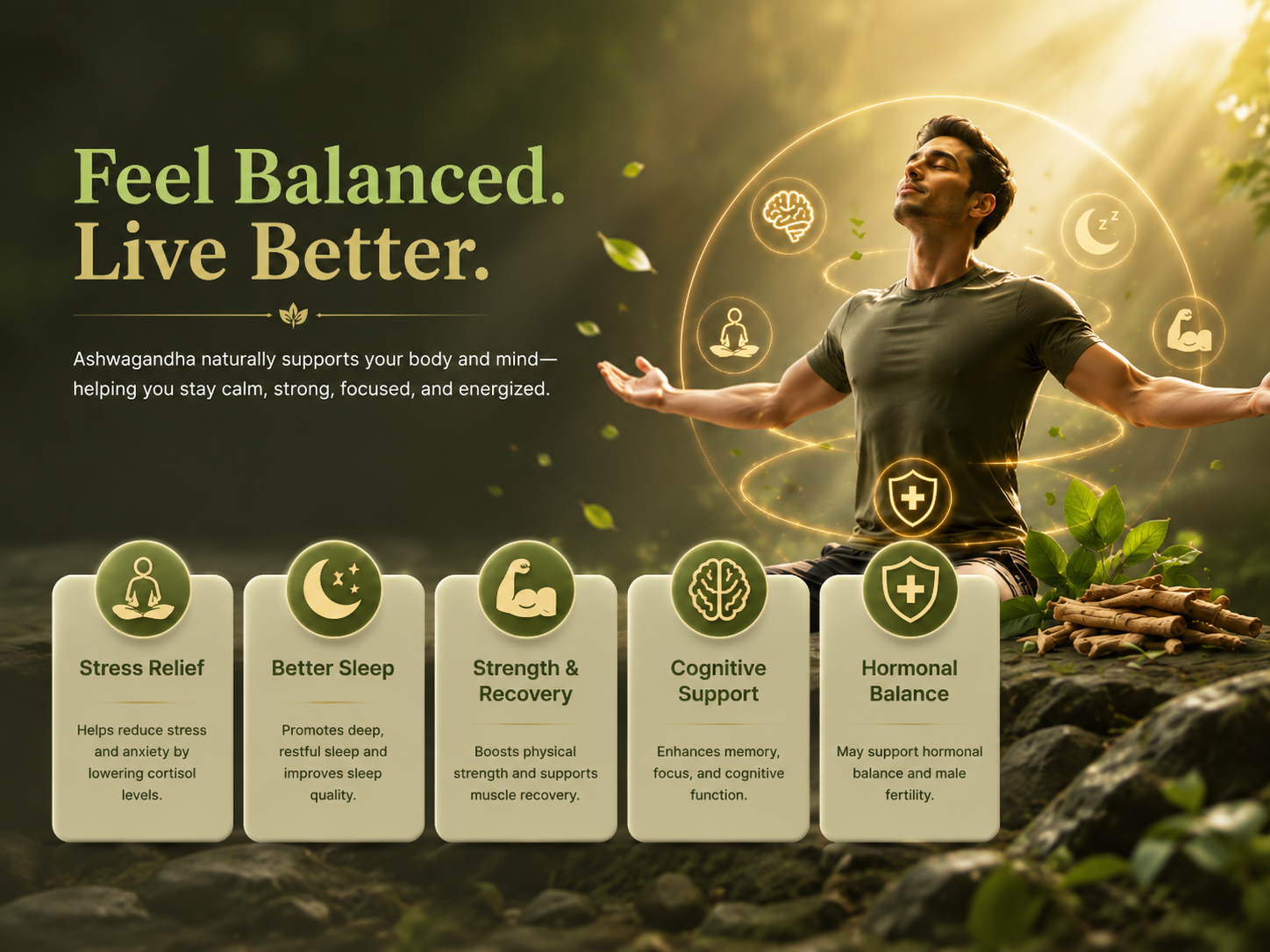 Promotional graphic for Herbnas Ashwagandha Capsules showing a man meditating outdoors with glowing wellness icons and the headline "Feel Balanced. Live Better."