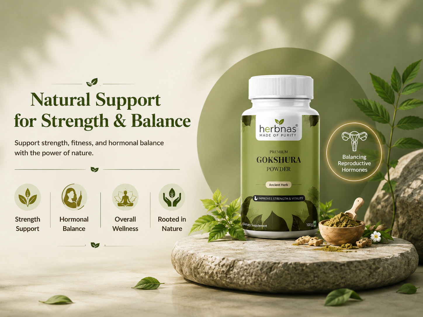 A bottle of Herbnas Gokshura Powder herbal supplement displayed on a stone slab with green leaves and herbs, alongside marketing text on a soft beige background.