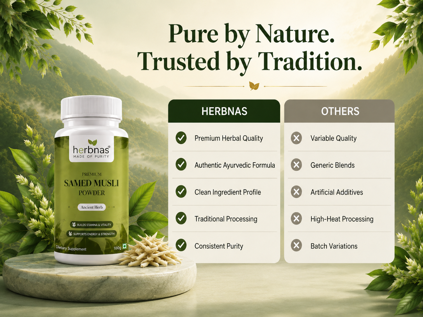 A bottle of Herbnas Samed Musli Powder is displayed on a stone pedestal with a comparison chart to the right, set against a scenic background of green hills and foliage. The text 'Pure by Nature.