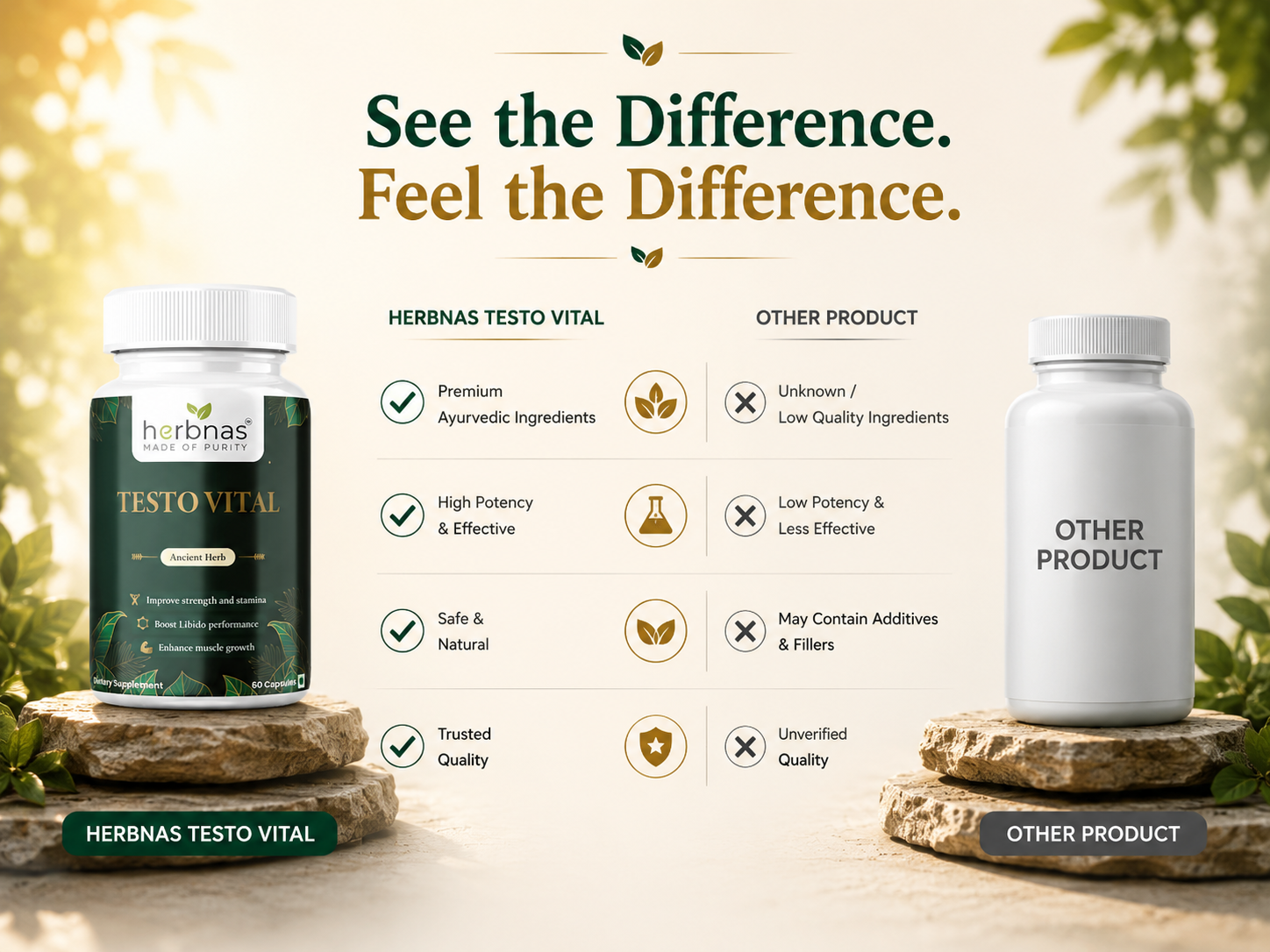 A promotional comparison graphic for Herbnas Testo Vital supplement bottles. On the left, a dark green bottle labeled 'Herbnas Testo Vital' sits on a stone slab with text highlighting premium ayurvedic ingredients, high potency, natural quality, and trusted quality.