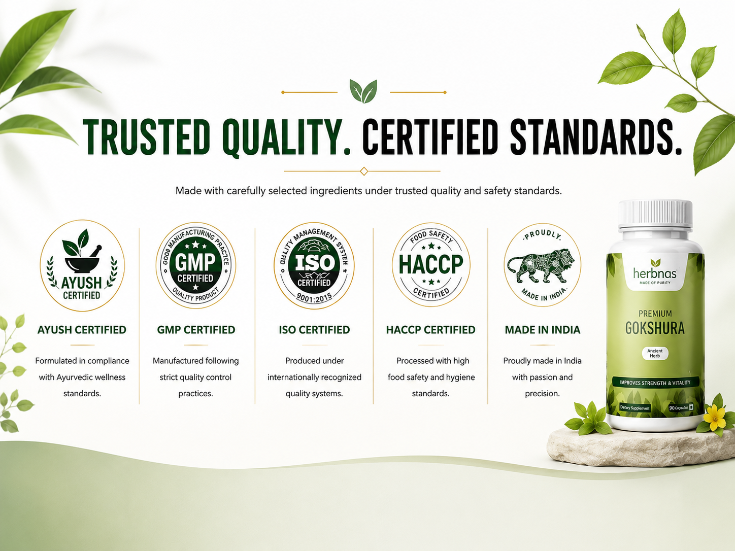 A supplement bottle labeled Heronos Premium Gokshura placed on a decorative white background with green leaves and certification badges for Ayush, GMP, ISO, HACCP, and Made in India.