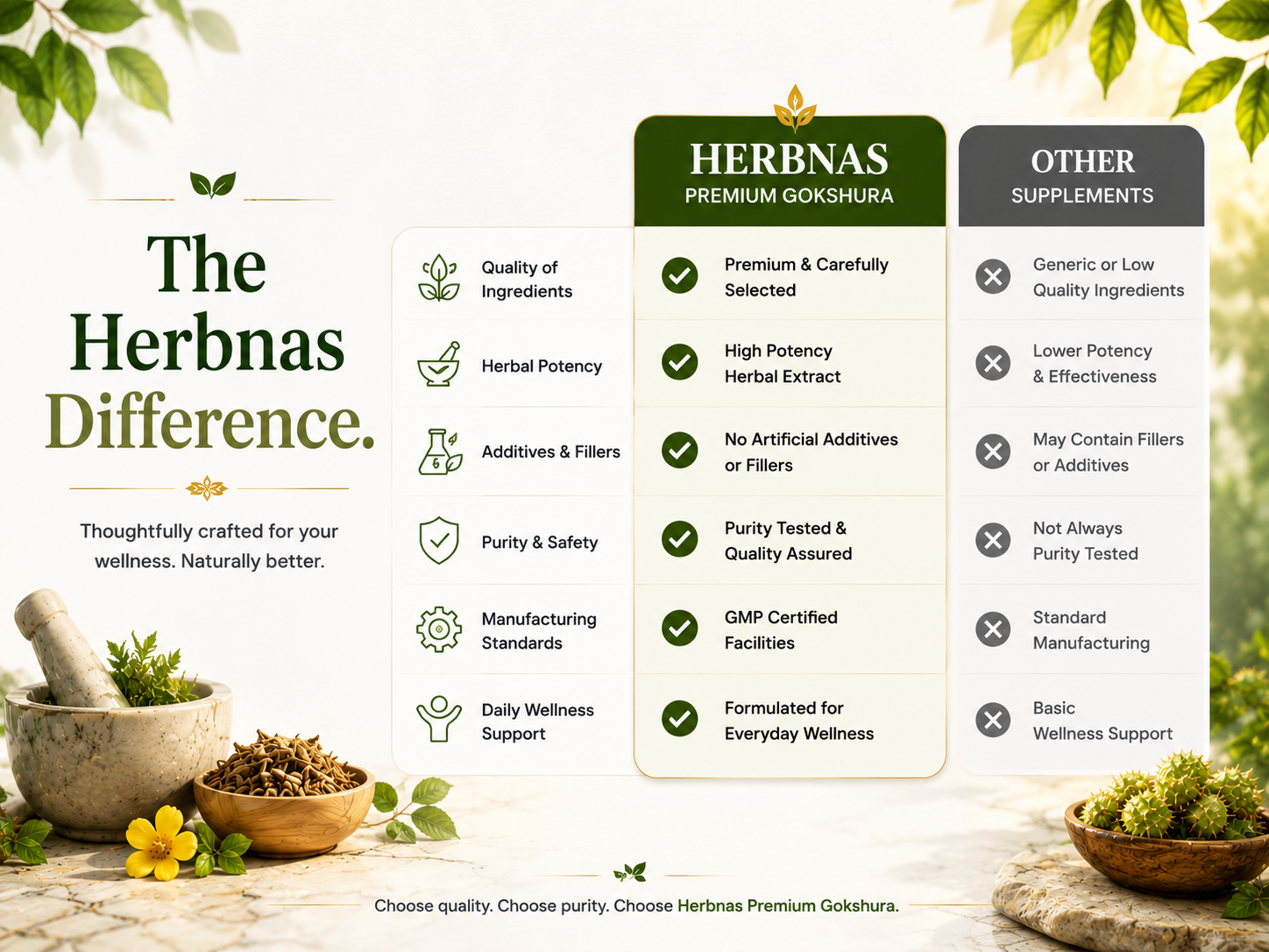 A promotional comparison infographic titled 'The Herbsnas Difference' with a central table comparing 'Herbnas Premium Gokshura' against 'Other Supplements'. The graphic features a green and white color scheme with decorative herbal illustrations and photos of a mortar and pestle, bowls of herbs, and a green leafy vine at the borders.