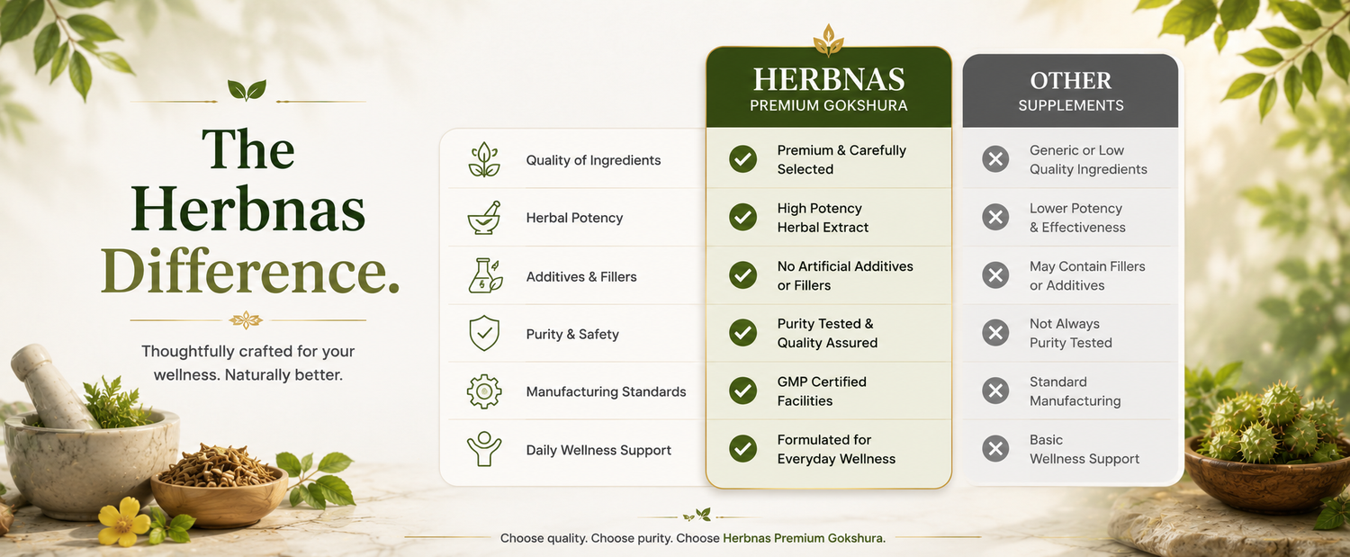 A promotional comparison graphic for Herbnas Premium Guggulu, showing a large headline reading 'The Herbnas Difference.' and two central comparison columns labeled 'Herbnas Premium Guggulu' and 'Other Supplements.