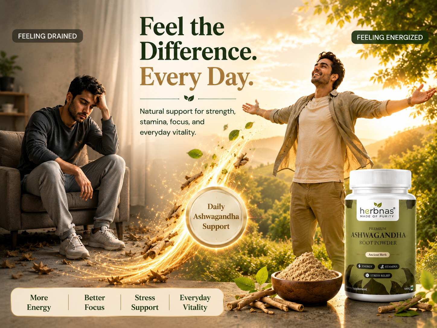 A promotional product image for Herbs Plus Ashwagandha Gold Powder, showing a bottle of the powder alongside a bowl of the powder and a man standing outdoors with arms outstretched, alongside another man sitting dejectedly on a couch. Text overlays describe the benefits of Ashwagandha support.