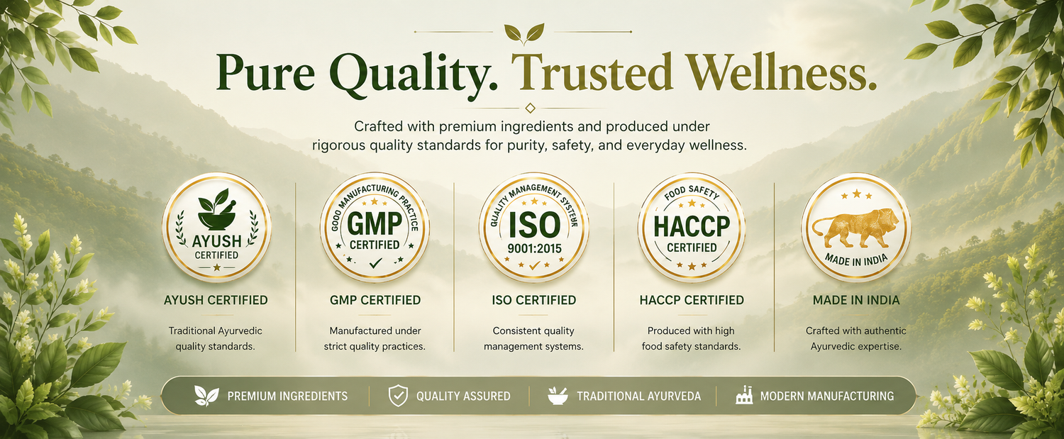 A promotional banner for a pure quality and trusted wellness product, featuring five certification logos including Ayush Certified, GMP Certified, ISO Certified, HACCP Certified, and Made in India, set against a soft green and beige background with leafy borders.
