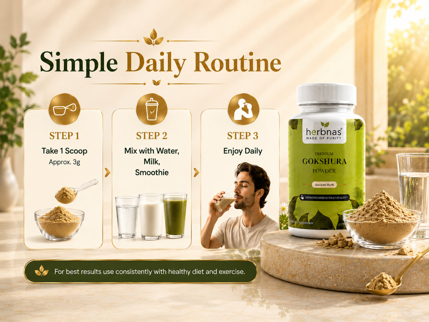 A supplement bottle labeled 'harbna's Gokshura Enzyme' shown beside bowls of powder, a glass of liquid, and a lifestyle-style instruction graphic reading 'Simple Daily Routine' with three steps for taking and mixing the product.