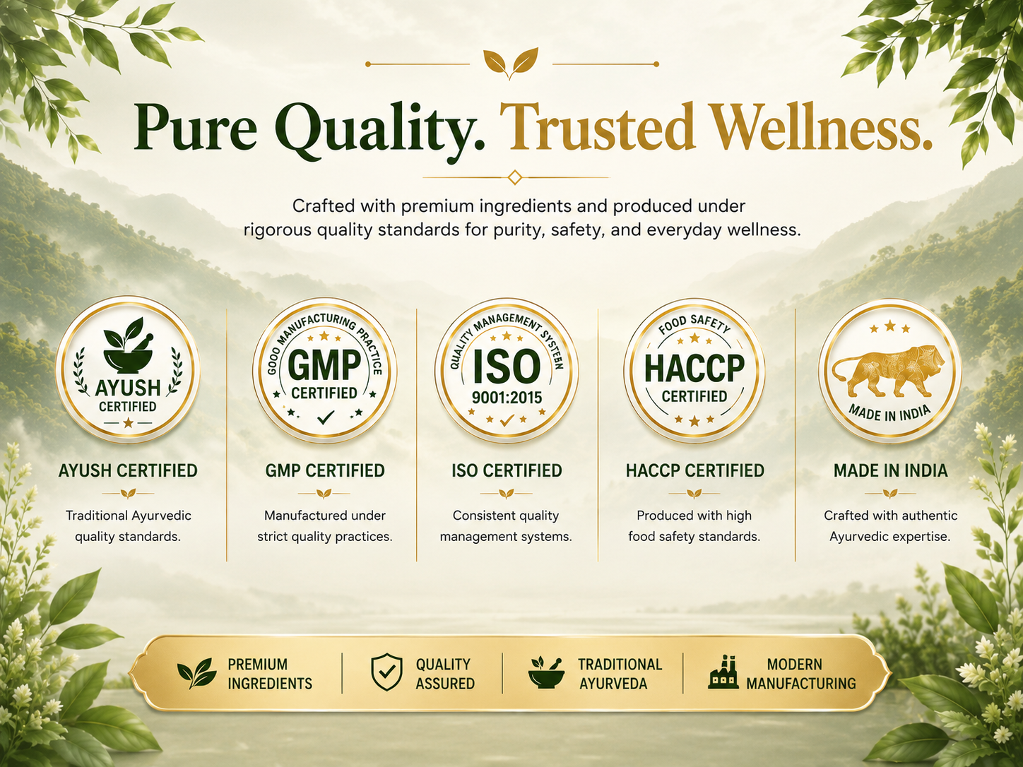 A promotional graphic for Ayurvedic wellness products featuring the text 'Pure Quality. Trusted Wellness.