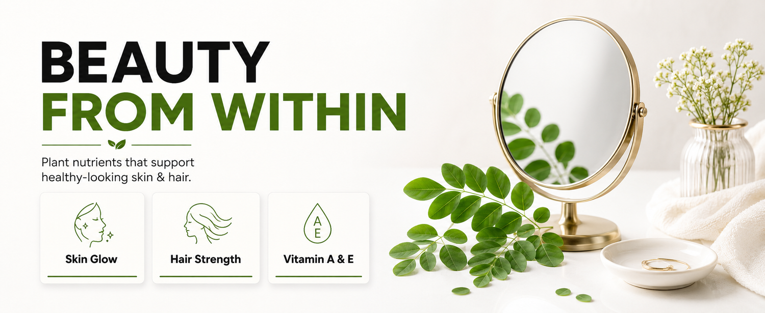 Advertisement for a skincare product with a mirror, leaves, and text about plant nutrients.