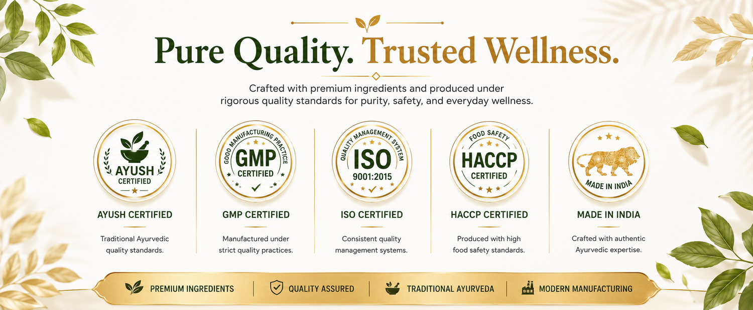 A promotional banner for Ayurvedic wellness products featuring the text 'Pure Quality. Trusted Wellness.