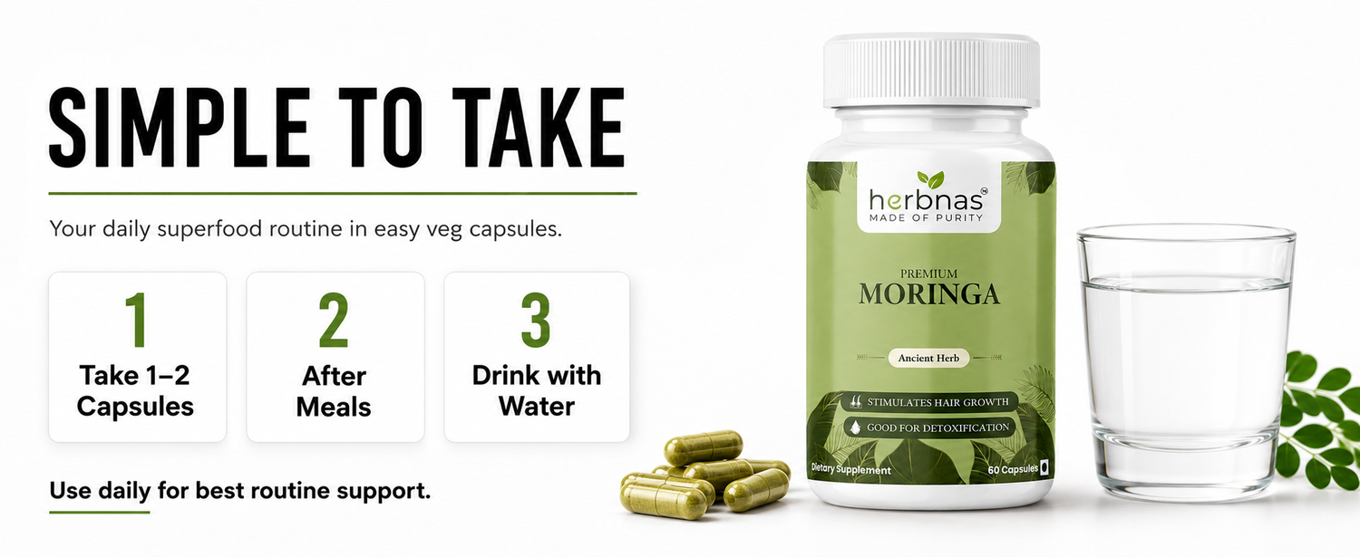 Herbnas Moringa supplement bottle with capsules and a glass of water on a white background