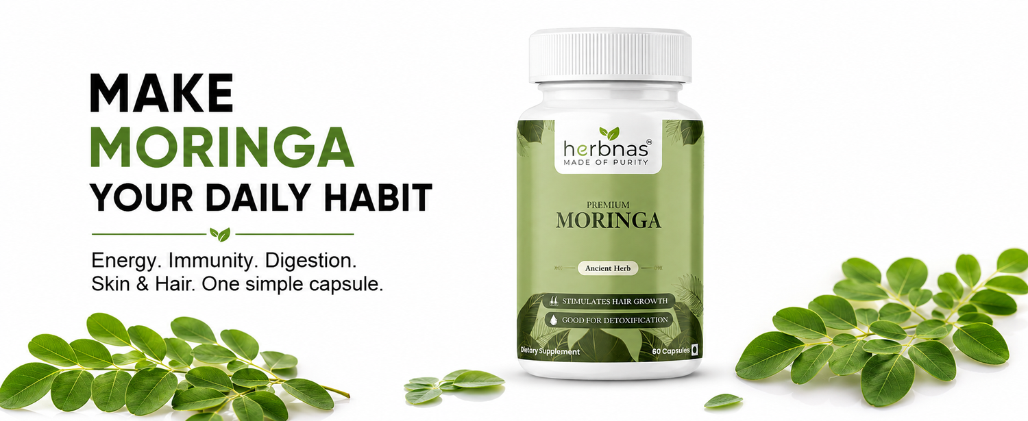 Herb纳斯 Moringa supplement bottle with leaves on a white background