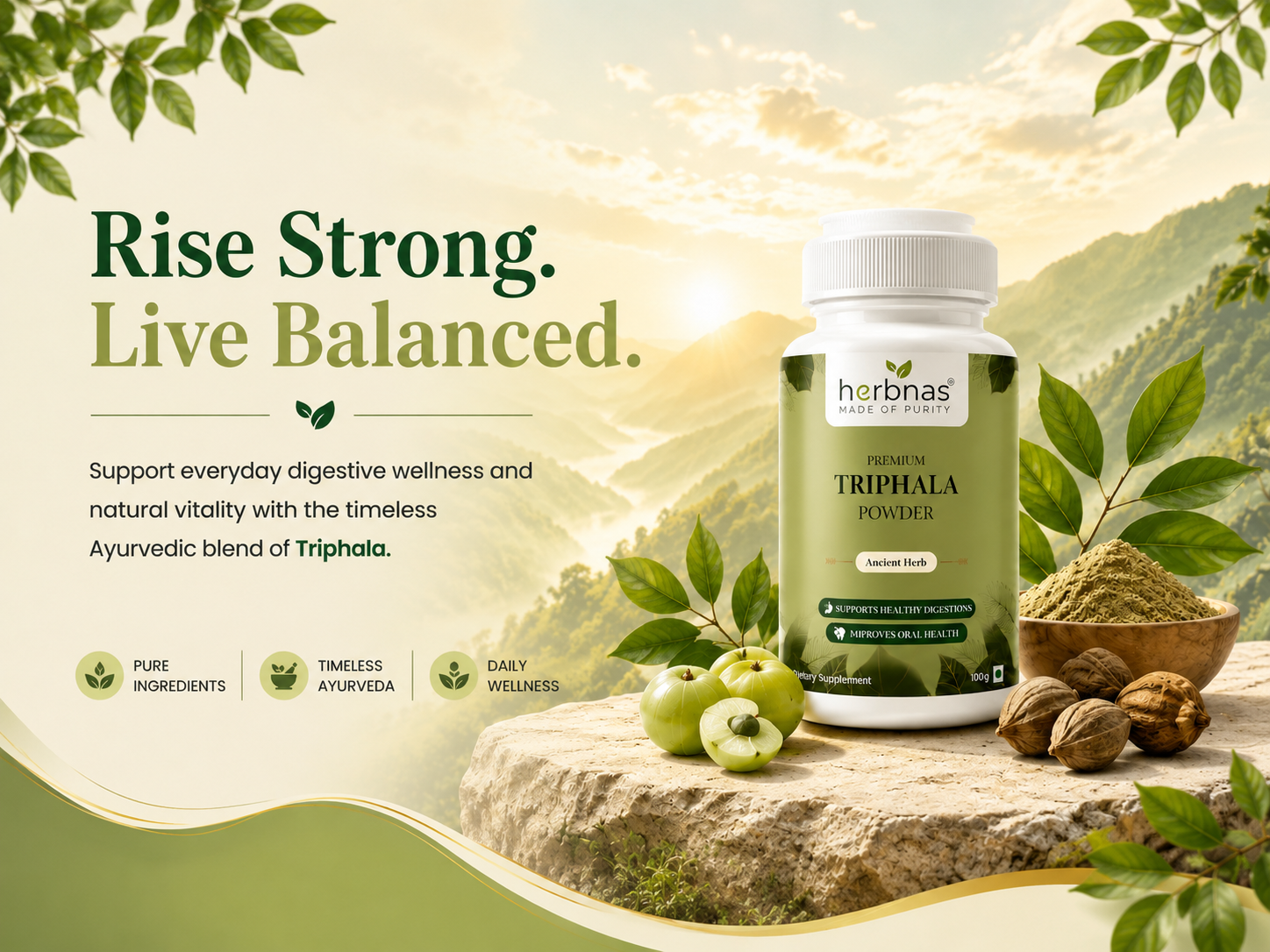 A bottle of Herbna's Triphala Ayurveda supplement is displayed on a scenic mountain background with green leaves, apples, and walnuts. The left side features promotional text reading 'Rise Strong.