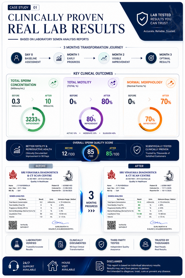 Infographic detailing clinically proven real lab results with various statistics and icons.