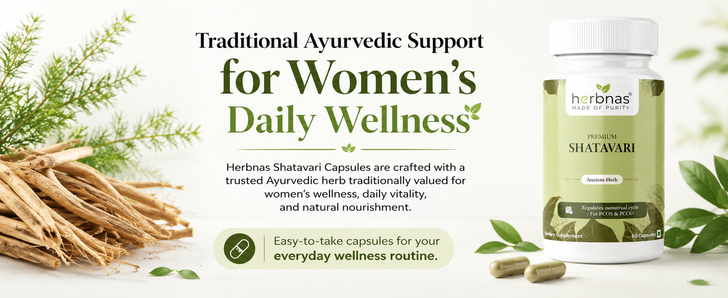 Herbas Shatavari capsules for women's daily wellness with herbs and leaves on a light background