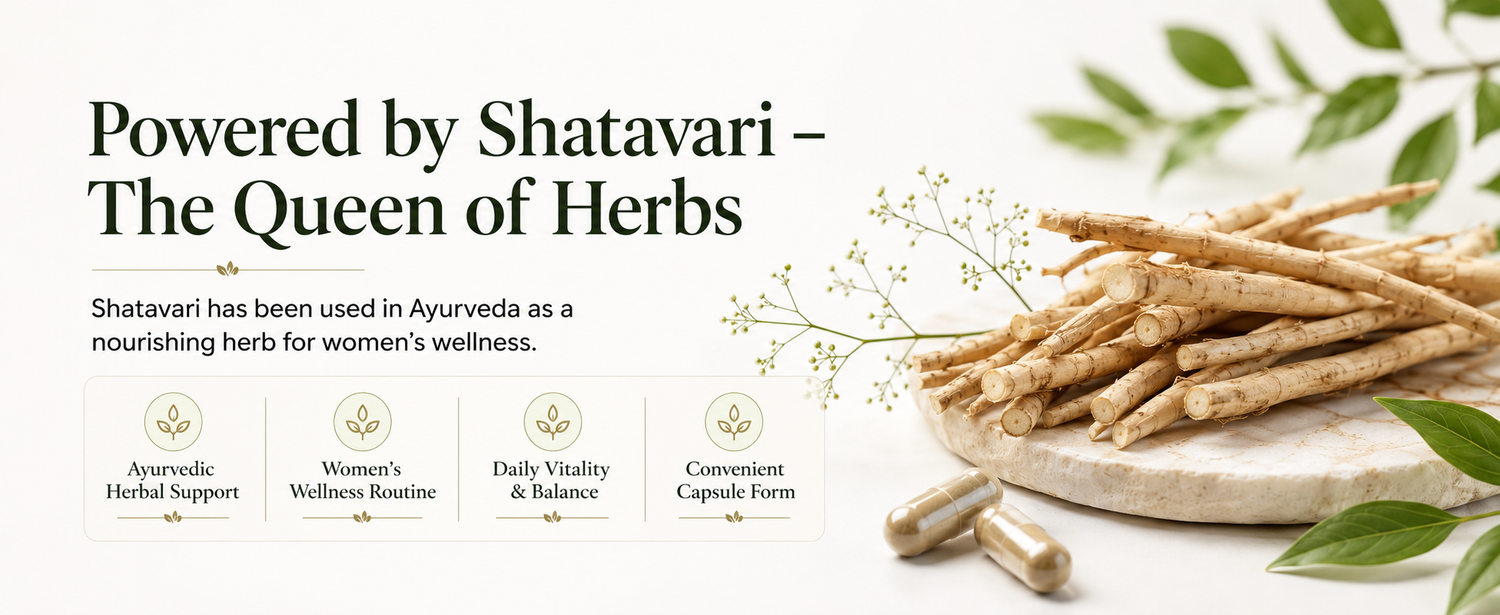 Shatavari roots on a stone surface with leaves and capsules, labeled as 'The Queen of Herbs' for women's wellness.