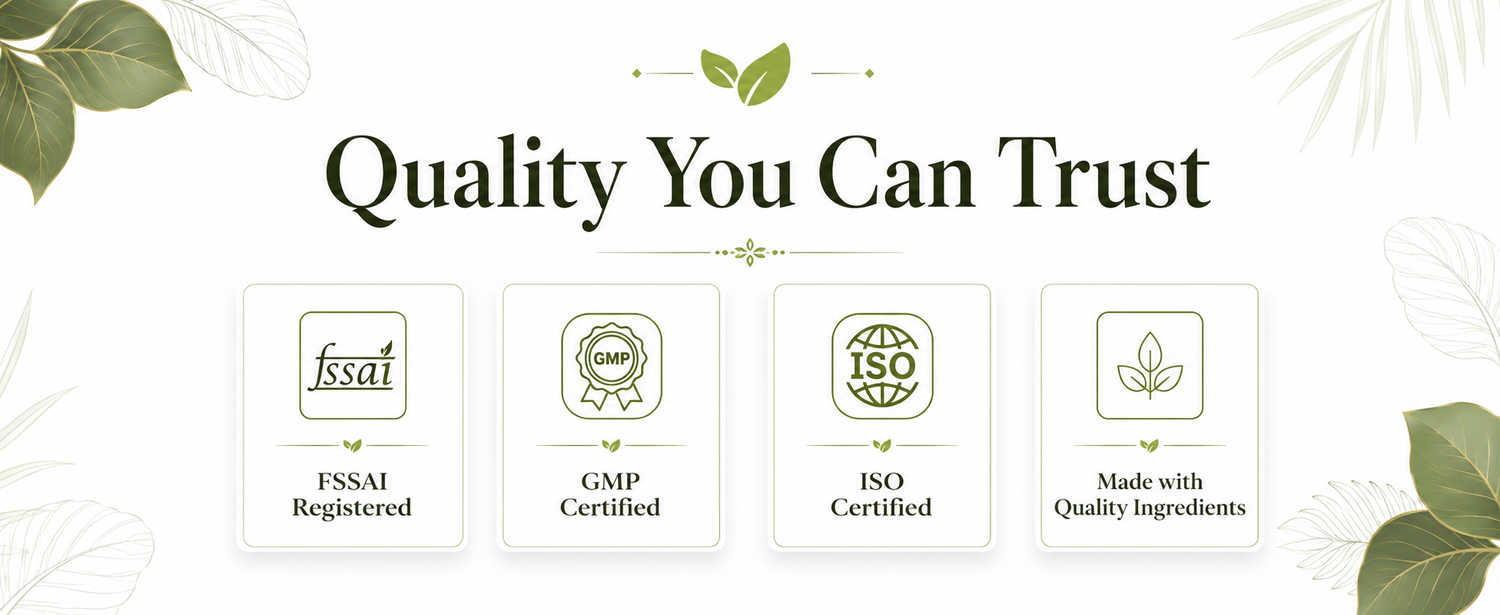 Certification logos with 'Quality You Can Trust' text on a white background with green leaves.