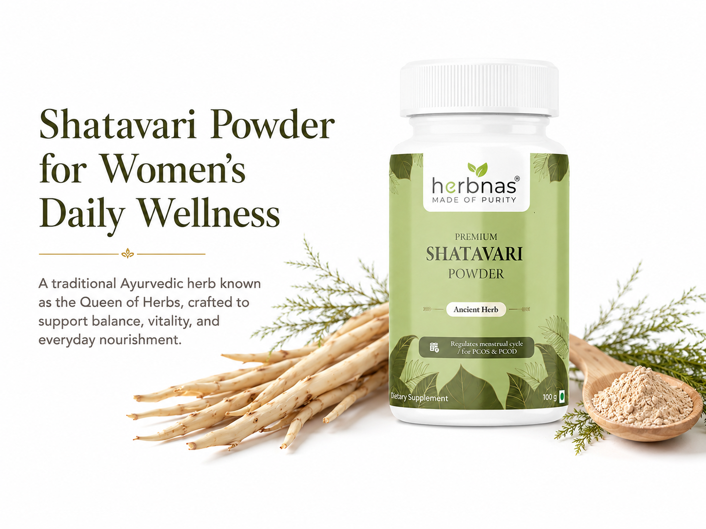 Herbal Shatavari powder bottle with ingredients on a white background