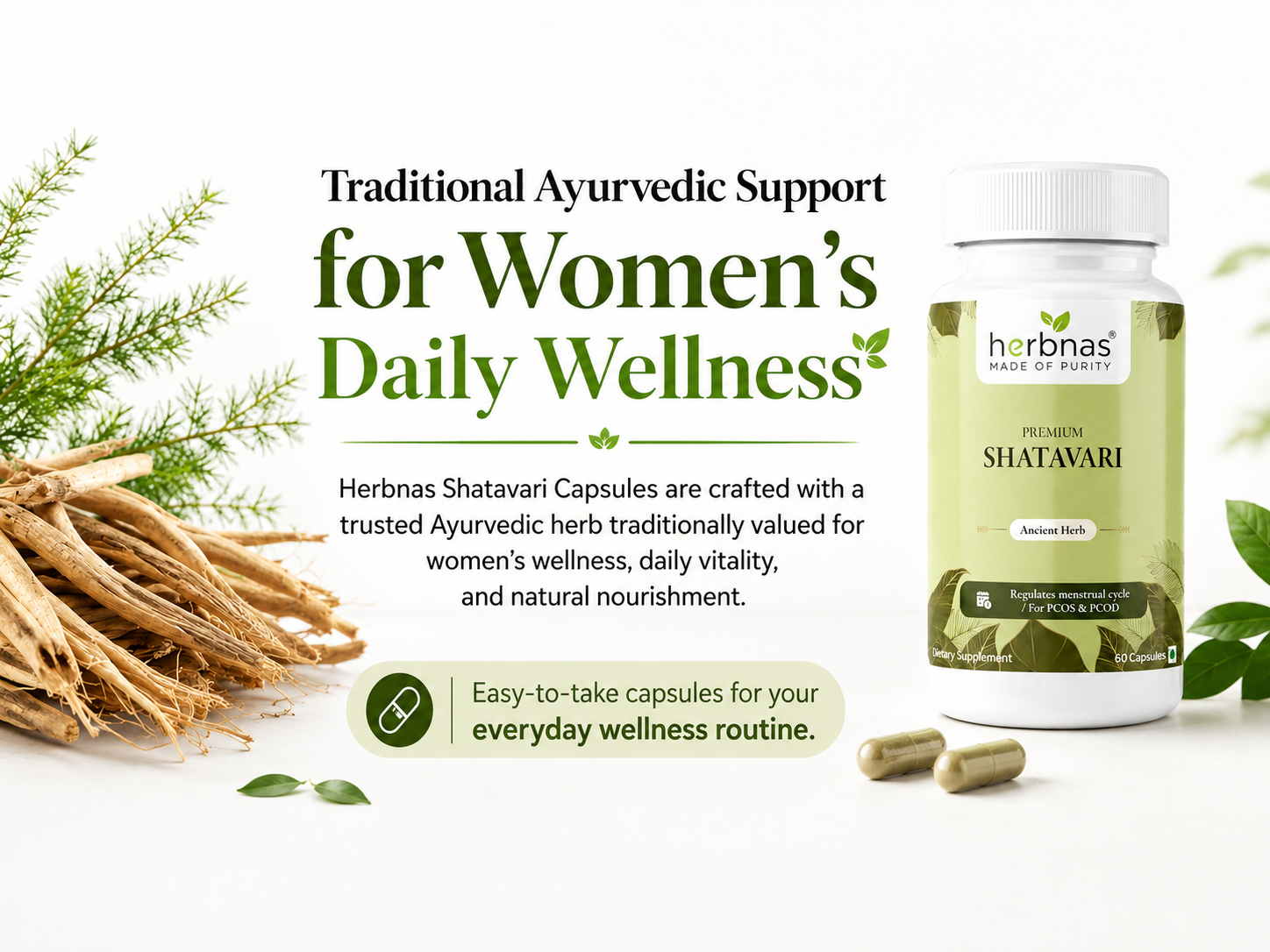 Herbans Shatavari capsules for women's daily wellness with Ayurvedic roots.