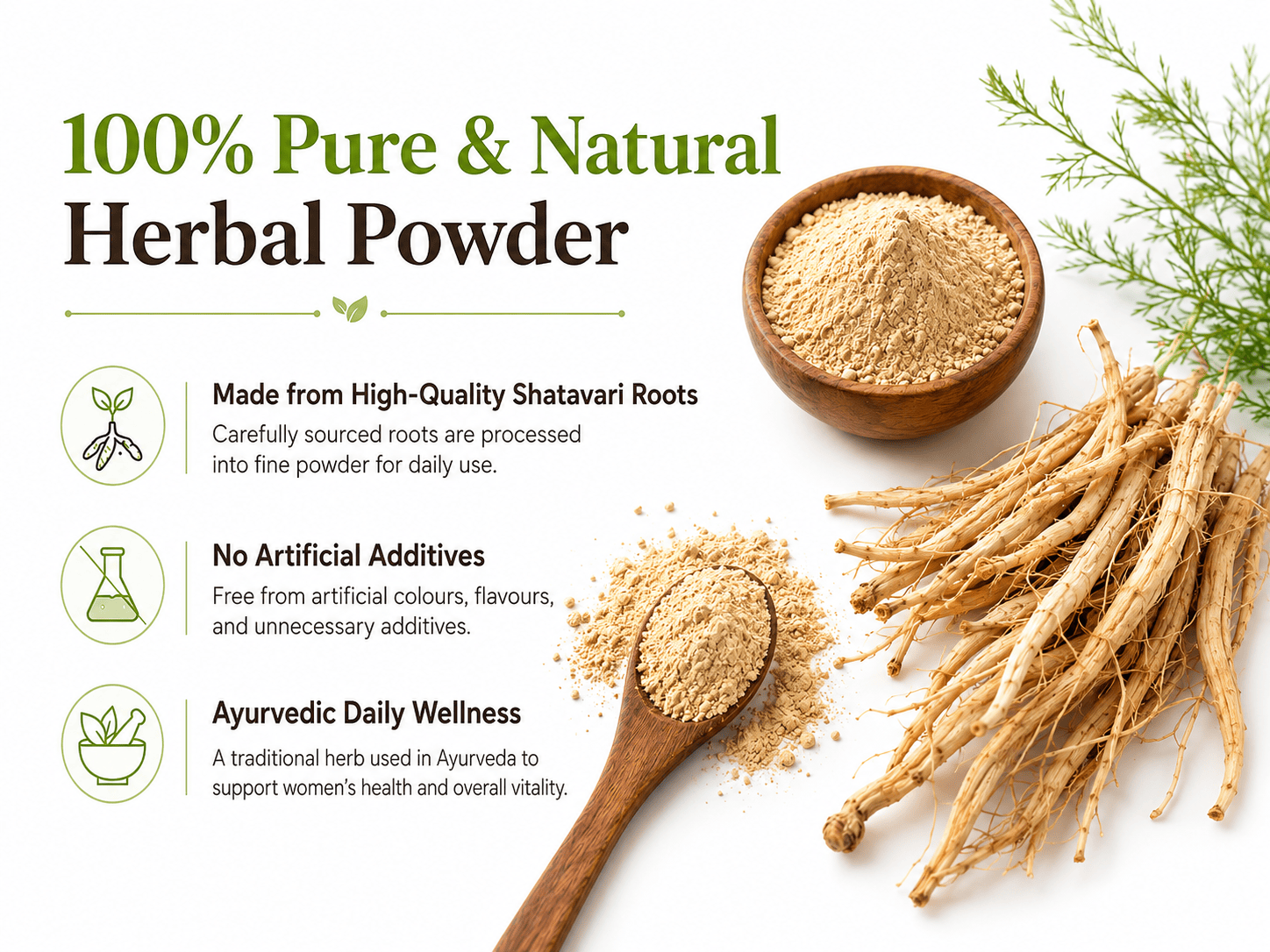 100% Pure & Natural Herbal Powder with Shatavari roots and powder on a white background