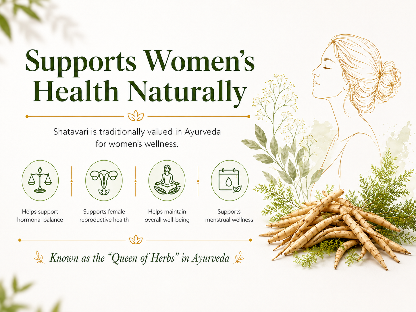 Shatavari roots with a woman's silhouette and wellness icons on a white background