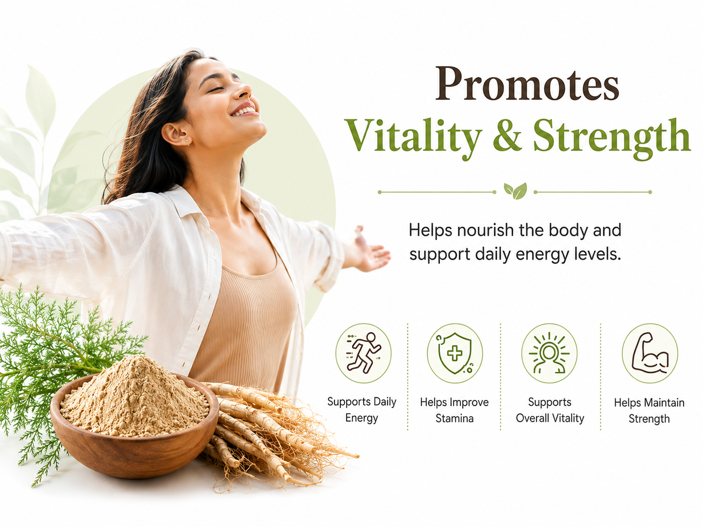 Woman with open arms next to a bowl of powder and wheat stalks, promoting vitality and strength.