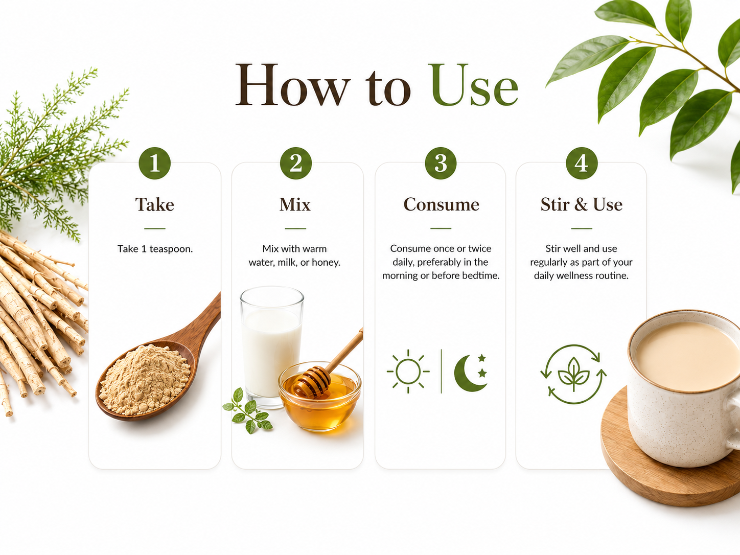 Instructions on how to use a natural product with ingredients and a cup of tea.