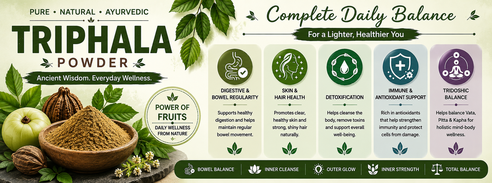 Triphala Powder promotional banner with illustrations of fruits, spices, and leaves, featuring text about its daily benefits and five key health aspects.