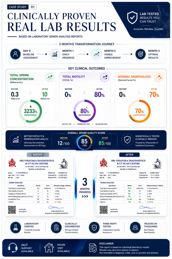 Infographic detailing clinically proven real lab results with various statistics and icons.