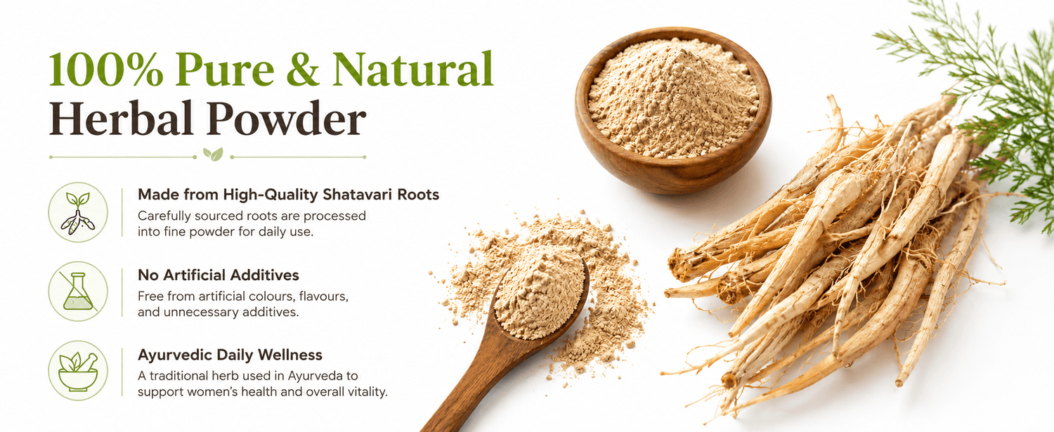 100% Pure & Natural Herbal Powder with Shatavari roots on a white background
