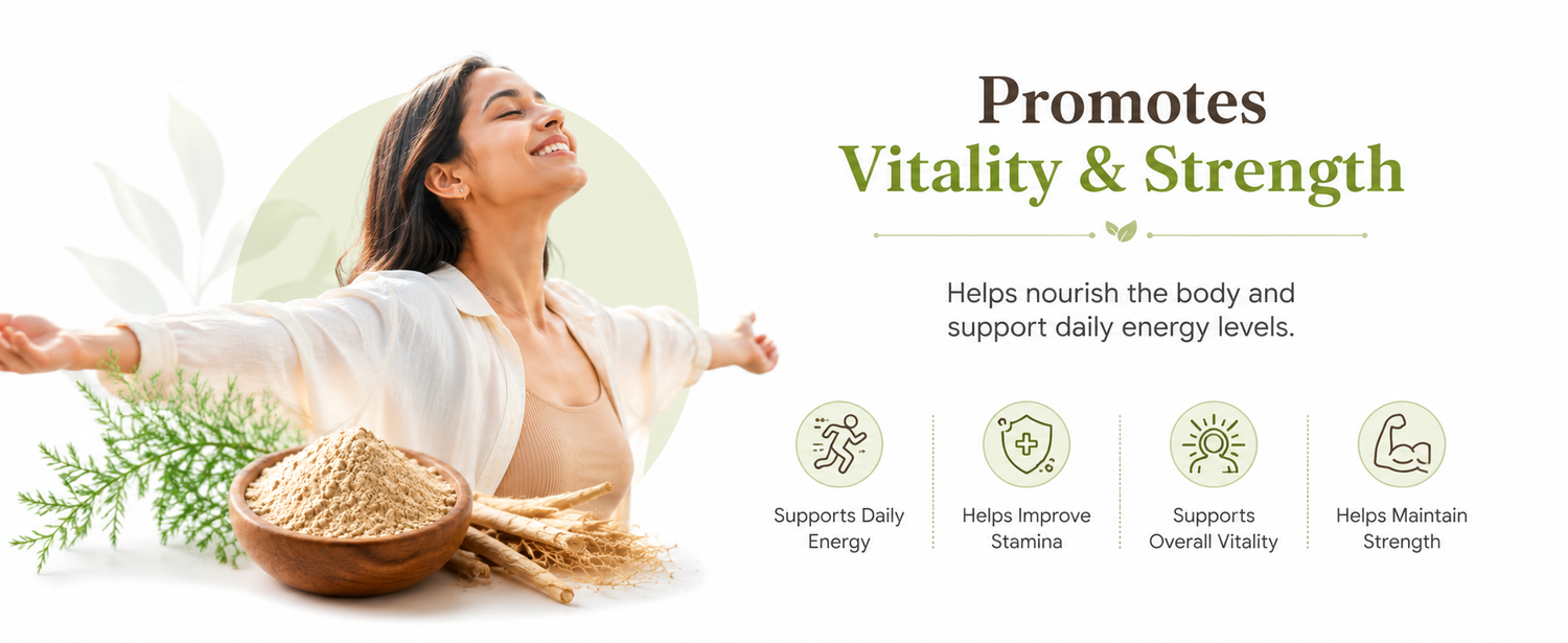Woman with outstretched arms next to a bowl of grains, promoting vitality and strength with text and icons on a white background.