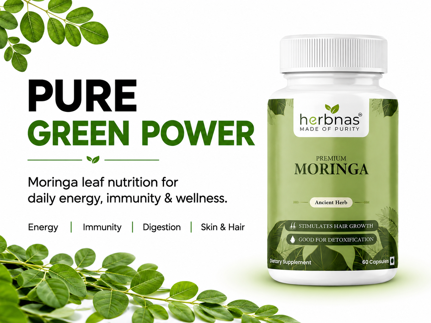 Herbnas Moringa supplement bottle with green leaves on a white background