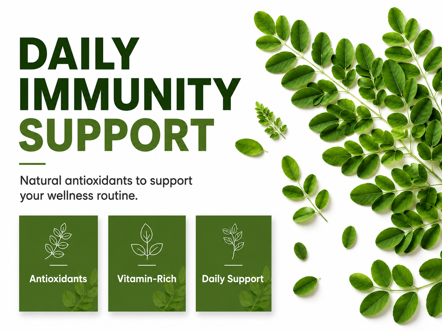 Advertisement for daily immunity support with green leaves and product boxes on a white background