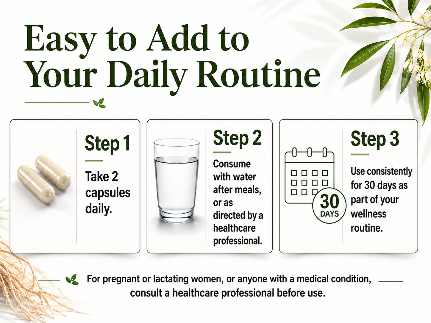 Instructions for using a supplement with capsules, a glass of water, and a calendar on a white background.