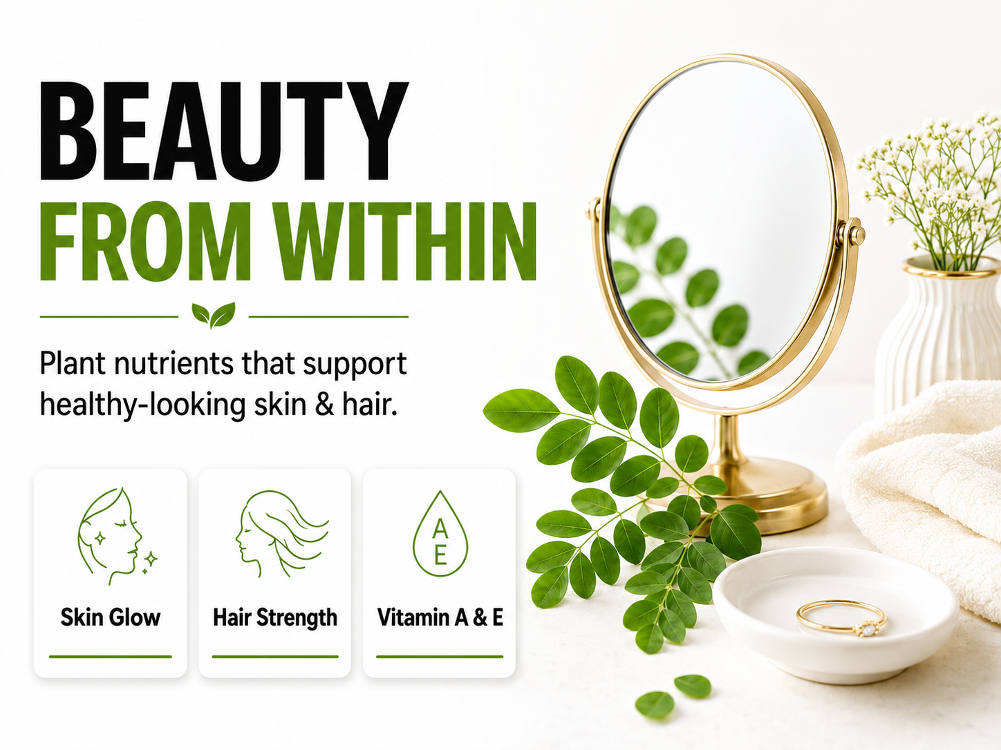 Advertisement for plant nutrients with a mirror, leaves, and towels on a white background.