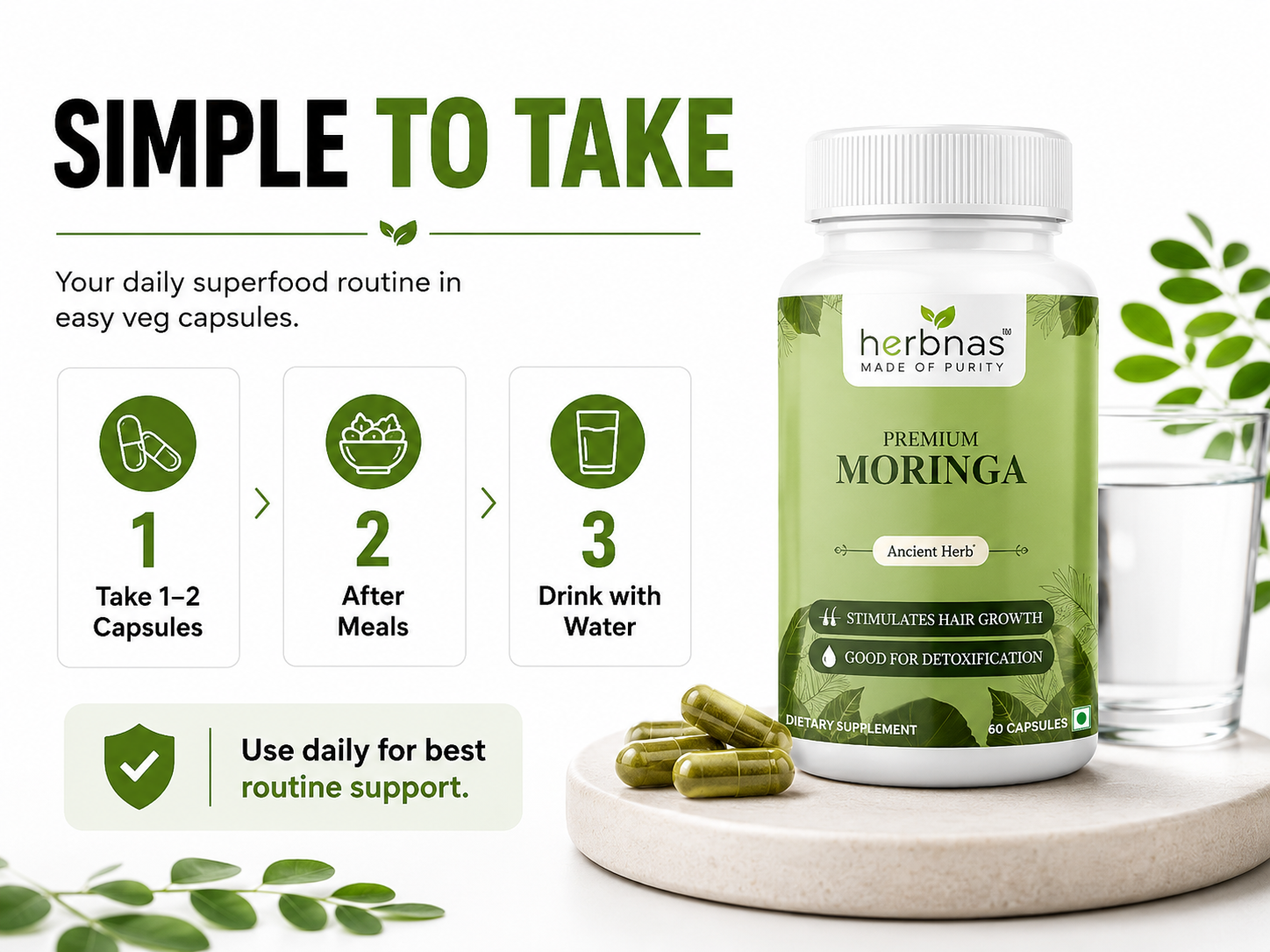 Herbvas Moringa supplement bottle with capsules and a glass of water on a white background