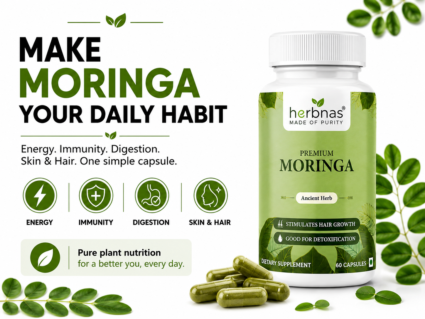 Herbnas Moringa supplement bottle with capsules and text on a white background