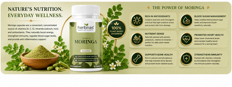 A supplement bottle labeled 'MORINGA' by the brand herbnas, shown on a beige infographic-style background with text about moringa benefits, a bowl of green powder, and white flowers.