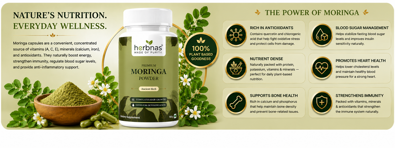 A supplement bottle labeled 'herbnas MORINGA POWDER' centered on a beige promotional graphic with green leaves, white flowers, a bowl of green powder, and text describing benefits such as 'Nature's Nutrition' and 'The Power of Moringa.'.