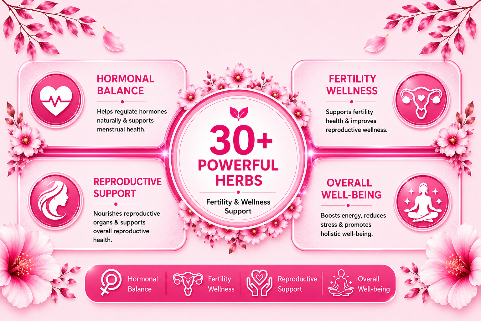 Pink promotional infographic for a herbal support product, featuring floral borders and sections labeled Hormonal Balance, Fertility Wellness, Reproductive Support, Overall Well-Being, and 30+ Powerful Herbs.