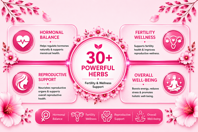 Pink promotional infographic for a herbal support product, featuring floral borders and sections labeled Hormonal Balance, Fertility Wellness, Reproductive Support, Overall Well-Being, and 30+ Powerful Herbs.